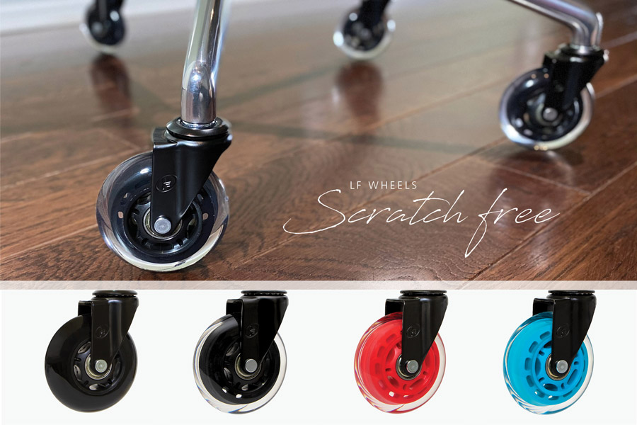 Close-up of LF Wheels showing smooth, scratch-free chair casters on hardwood flooring with four color options displayed below.