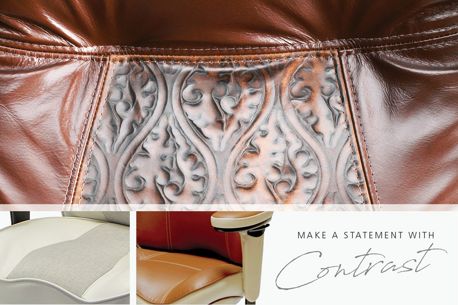 Close-up collage of office chair materials featuring embossed leather, smooth upholstery, and contrasting colors.