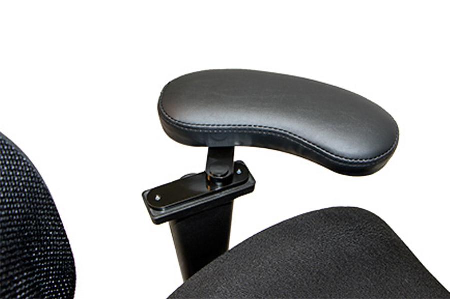 Close-up of a black padded office chair armrest on an adjustable 360° swivel arm bracket.