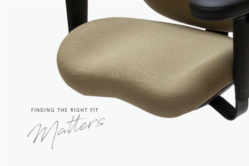 pf-3ea63289–Seatoptionspetitememoryfoammanagment900x600_800x534 Beige contoured ergonomic chair seat with black frame and the text Finding the Right Fit Matters shown beside it.