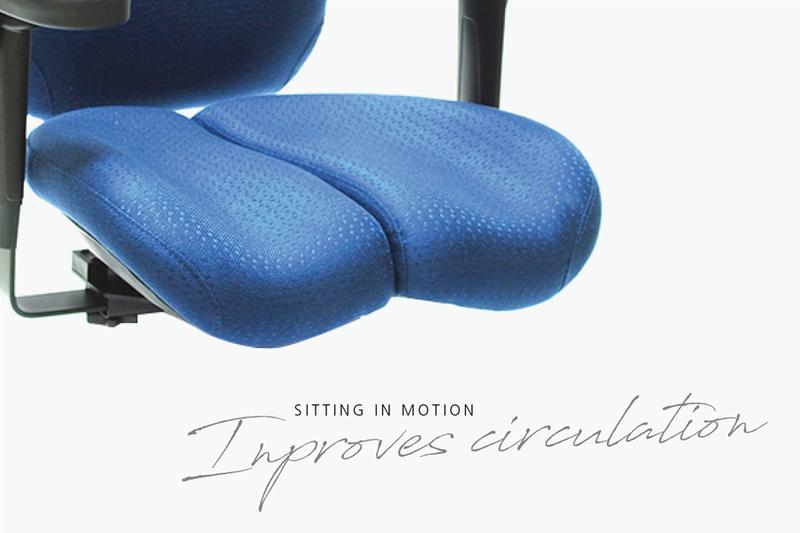 Core-flex technology Blue contoured ergonomic office chair seat with split cushion design promoting improved circulation and active sitting posture