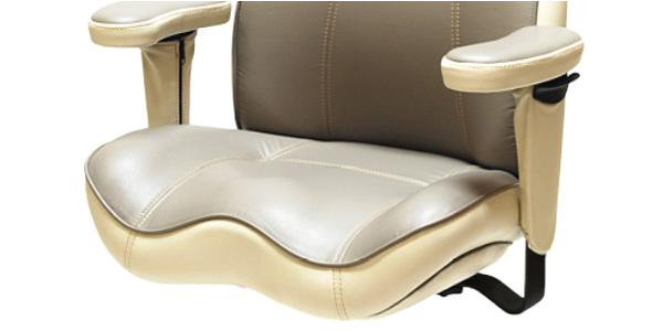 Close‑up of a padded ergonomic office chair with a Deep Contour Seat and cushioned armrests in two‑tone beige upholstery.