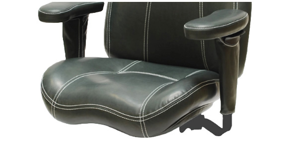 Black ergonomic office chair with a Standard Contour Seat padded seat, stitching details, and adjustable armrests.