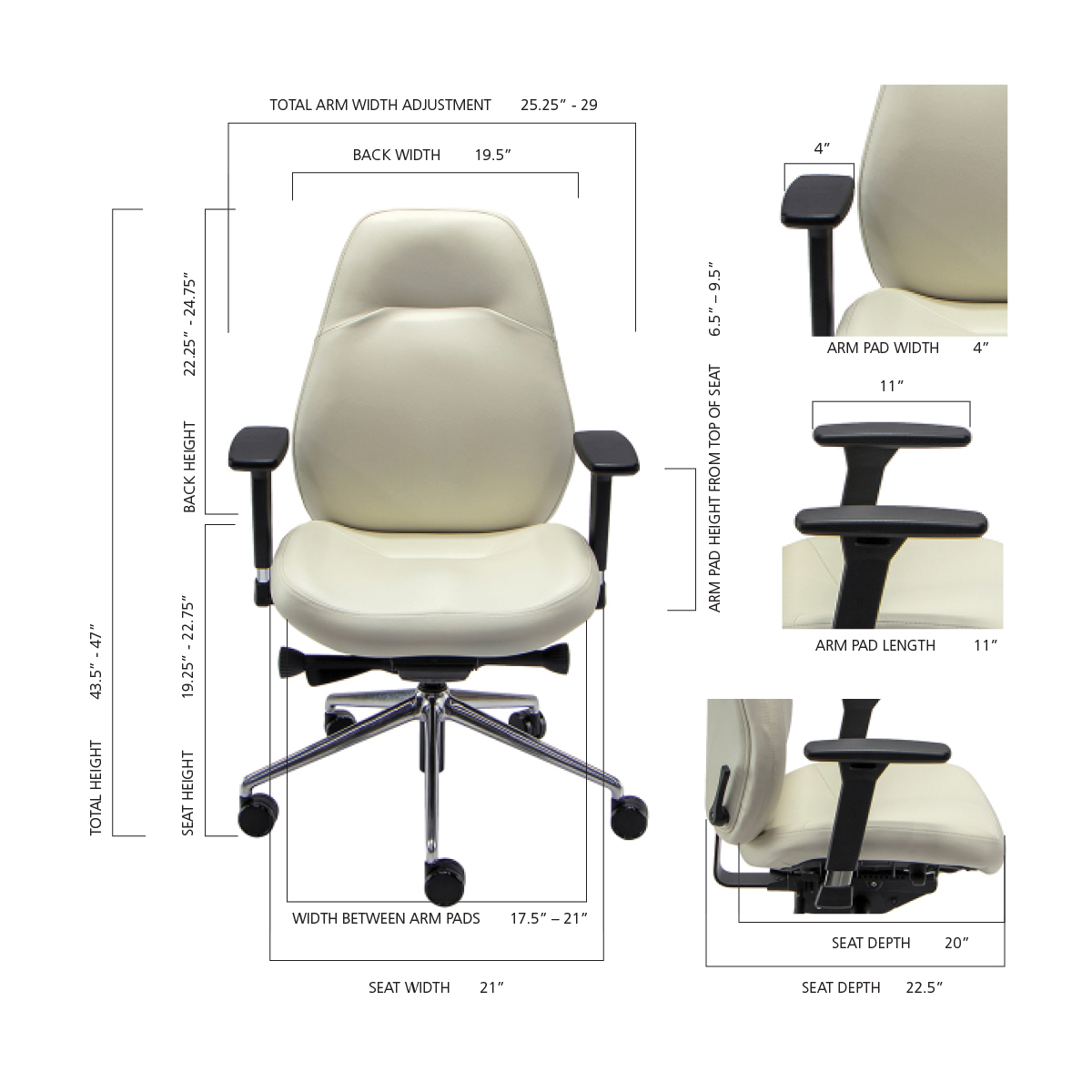 Beige ergonomic office chair with detailed dimension labels showing seat width and depth, back height, armrest measurements, and adjustable height.