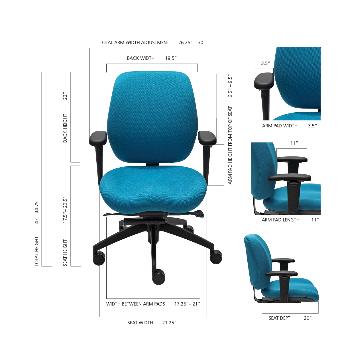 Size Guide for LIFEFORM ChairsN314 Blue ergonomic office chair shown from multiple angles with labelled measurements for seat width, depth, back height, armrest adjustments, and overall dimensions.