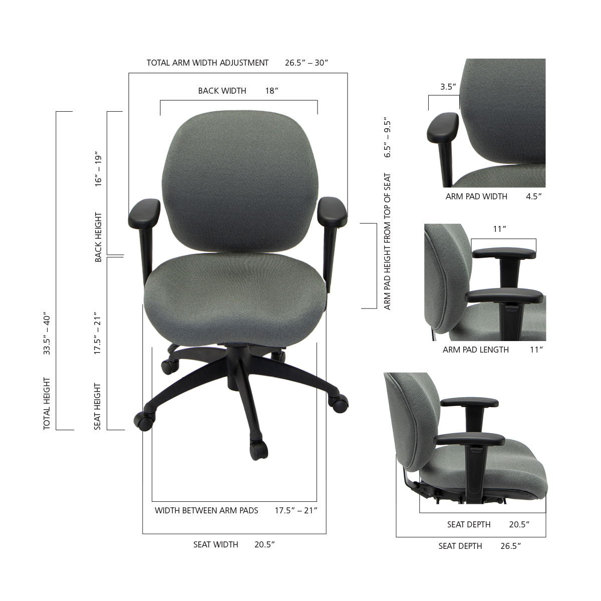Gray ergonomic office chair shown from multiple angles with labeled measurements for seat width and depth, back height, armrest size, and adjustable overall height.