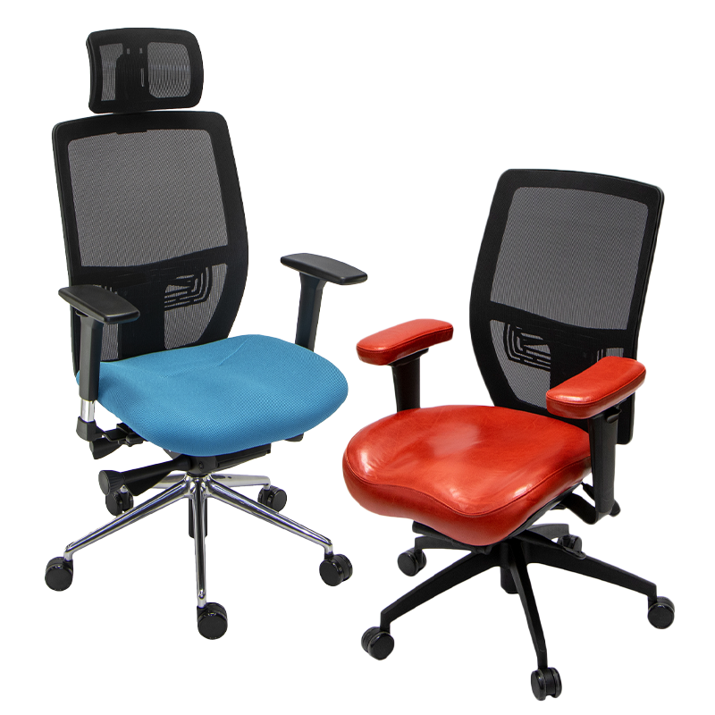 Two ergonomic office chairs with mesh backs, one featuring a blue fabric seat and the other a red leather seat.