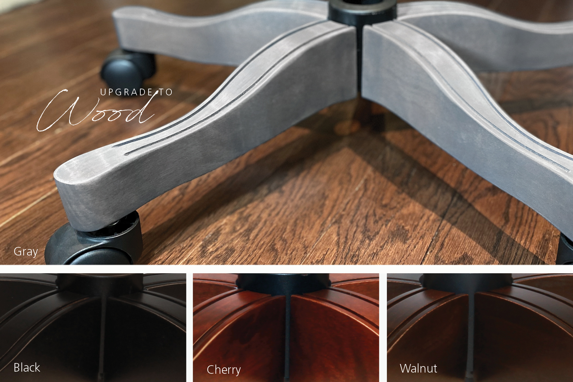 Wooden chair bases shown in grey, black, cherry, and walnut finishes.