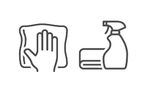 Line drawing icons showing a hand cleaning with a cloth and a spray bottle beside a folded towel, representing cleaning and hygiene supplies.