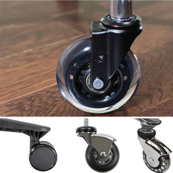 Close-up of a clear polyurethane office chair caster on hardwood flooring, with additional images of various replacement caster wheel styles shown below.