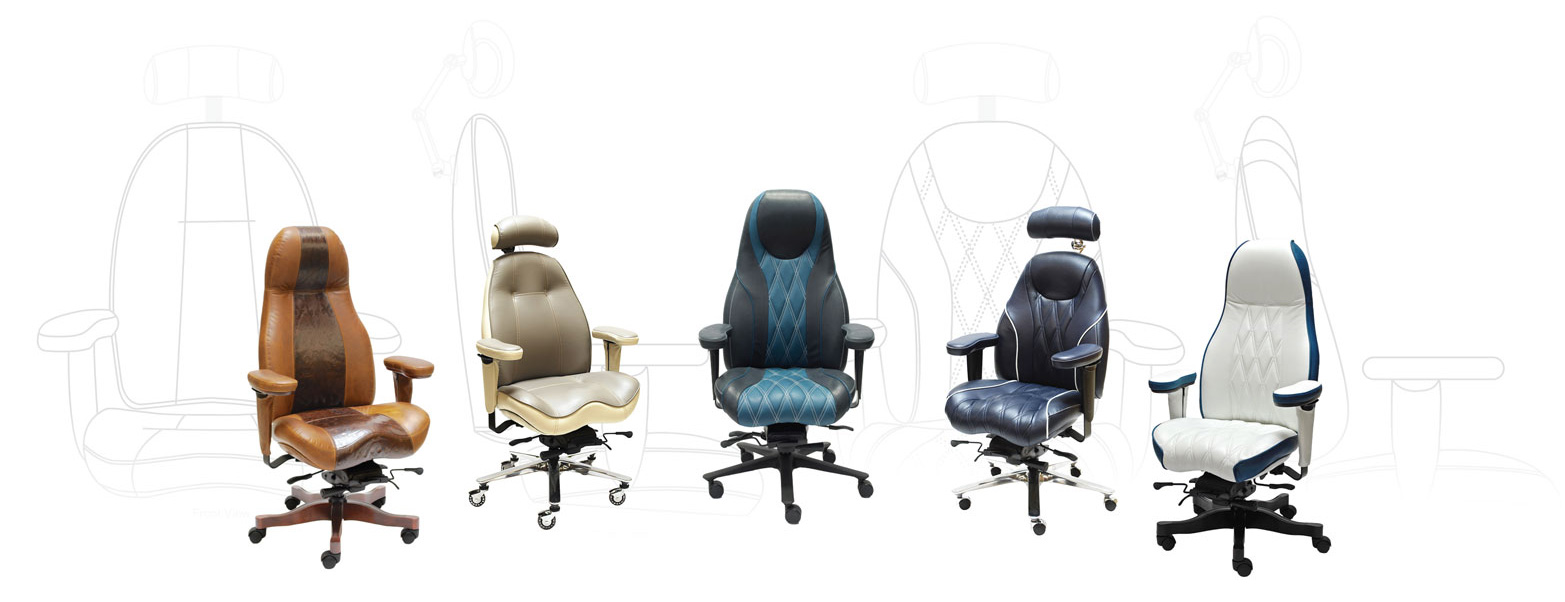 Five ergonomic office chairs displayed in a row showing various upholstery options including tan leather with contrast panels, beige with headrest, teal with diamond quilting, navy blue leather with decorative stitching, and cream with black contrast trim, all with adjustable features and wheeled bases.