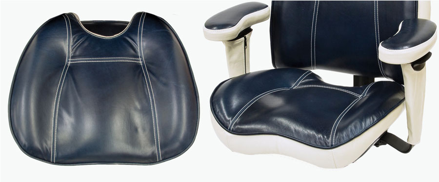 Navy and white ergonomic office chair with a contoured, cushioned seat shown next to a matching replacement seat pad.