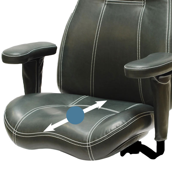 Office chair seat with padded armrests shown with arrows indicating adjustable seat slider depth.