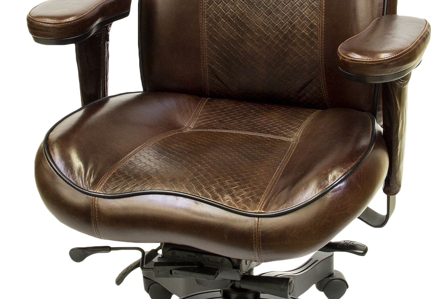 Close‑up of a brown leather ergonomic office with a chair with XL Contour Seat, padded armrests and a textured seat and backrest.