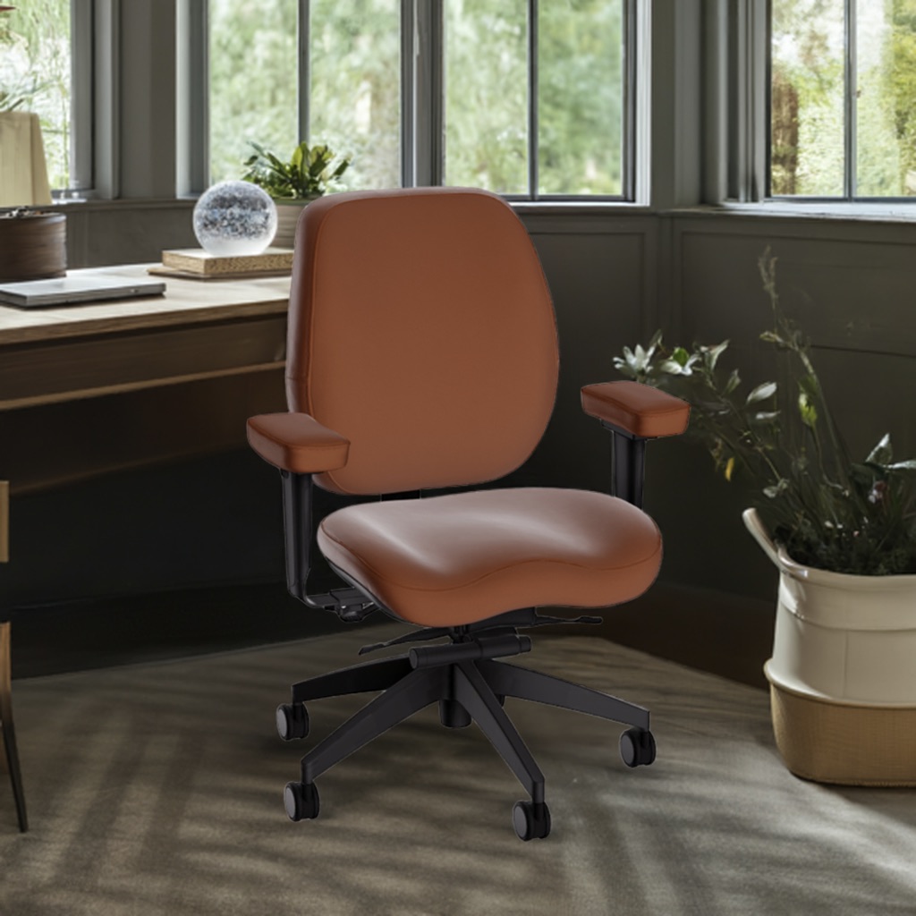 Ergonomic office chair with tan leather upholstery and adjustable armrests in modern home office with large windows and potted plants.