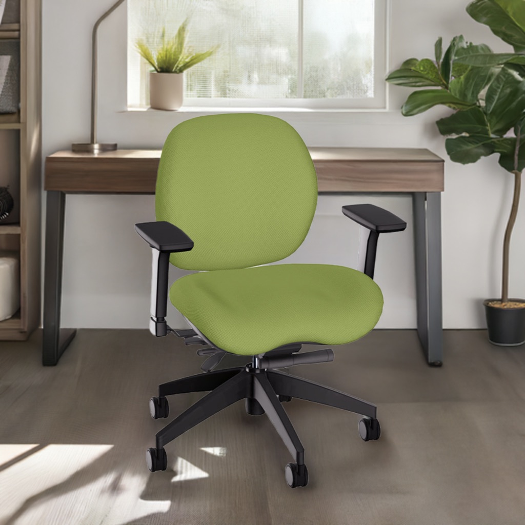 Green ergonomic office chair with adjustable armrests on a wheeled base placed in a modern home office with a wooden desk and indoor plants.