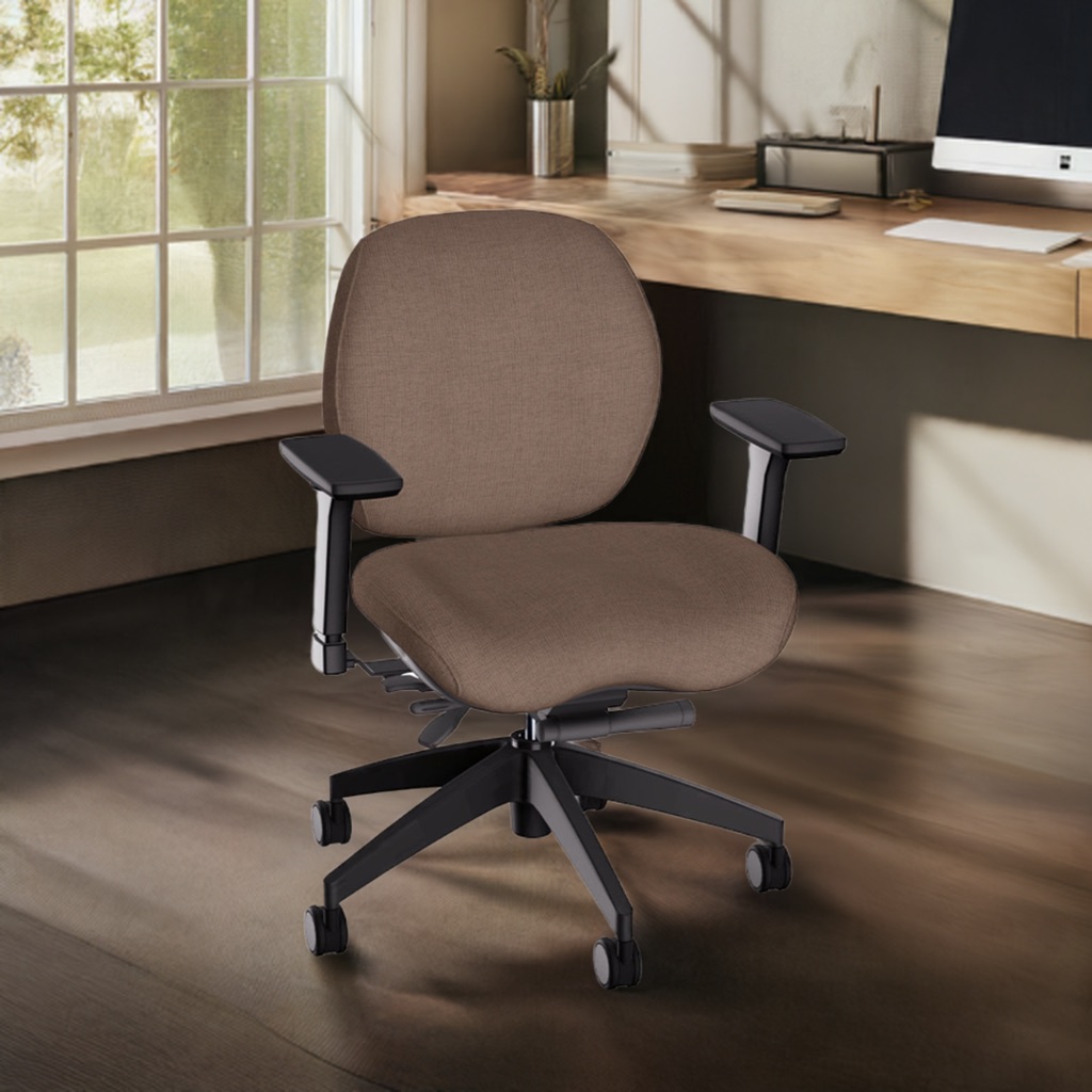 Brown ergonomic office chair with adjustable armrests on a wheeled base positioned in a modern home office near a desk and window.