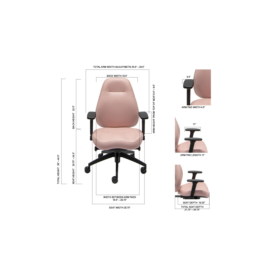 Pink ergonomic office chair shown from the front with detailed measurements for back width, seat dimensions, armrest size, and overall height.