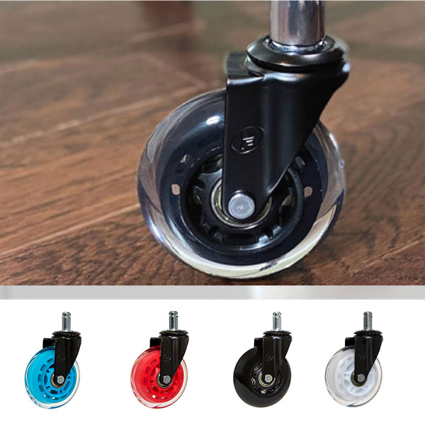 Transparent office chair caster wheel with a black mount shown on hardwood flooring, displayed alongside additional colour variations in blue, red, black, and white.