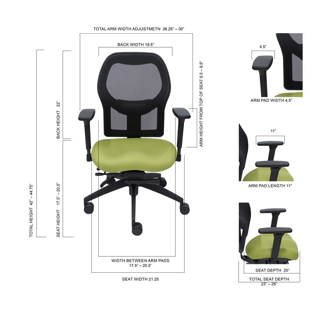 Diagram of an ergonomic office chair showing detailed measurements for the seat, backrest, armrests, and overall height and width.