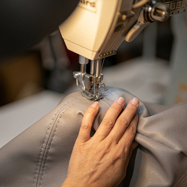 Close-up of a sewing machine with cream-coloured head stitching premium beige leather upholstery. A person's hand guides the material through the needle, demonstrating precision stitching of a seam on what appears to be chair cushioning or seat covering material